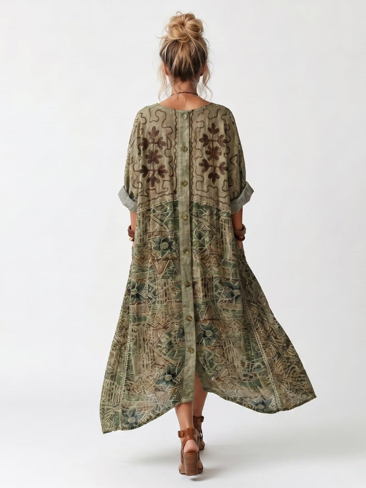 Mia | Women's Oversized Embroidered Midi Dress Button Front Pockets