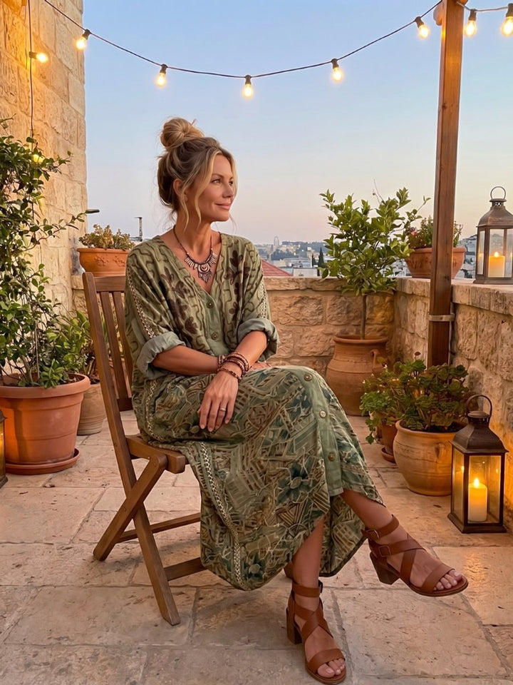 Mia | Women's Oversized Embroidered Midi Dress Button Front Pockets