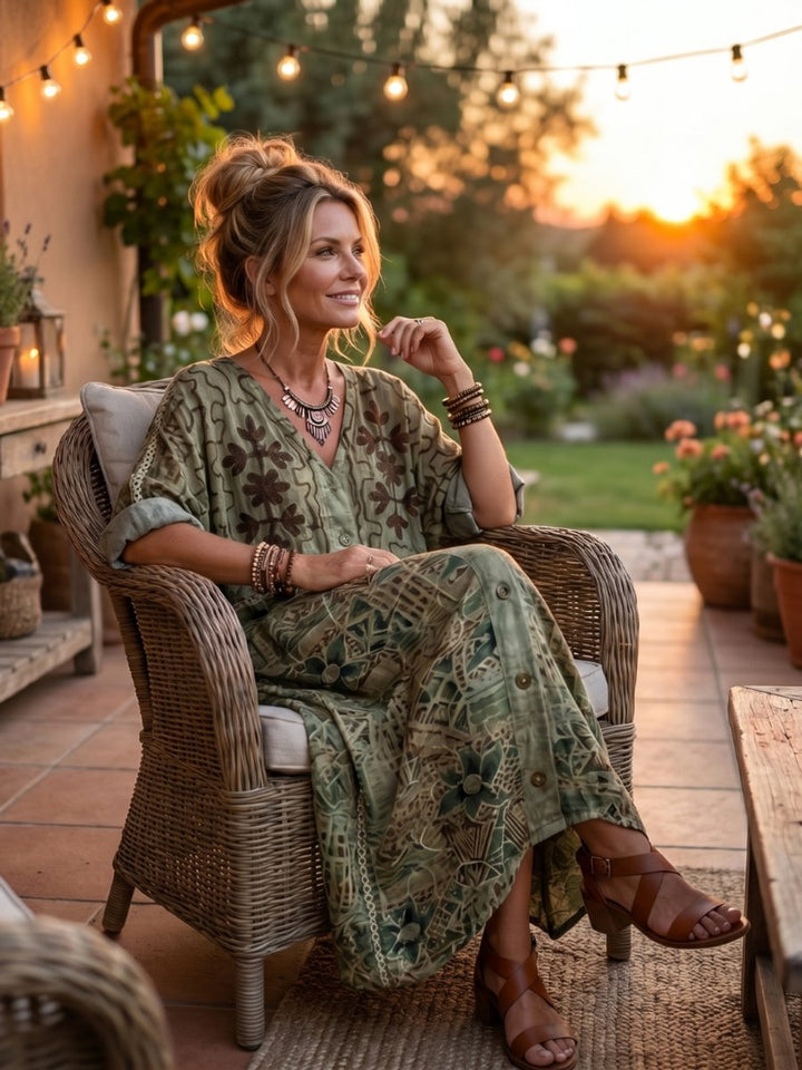 Mia | Women's Oversized Embroidered Midi Dress Button Front Pockets