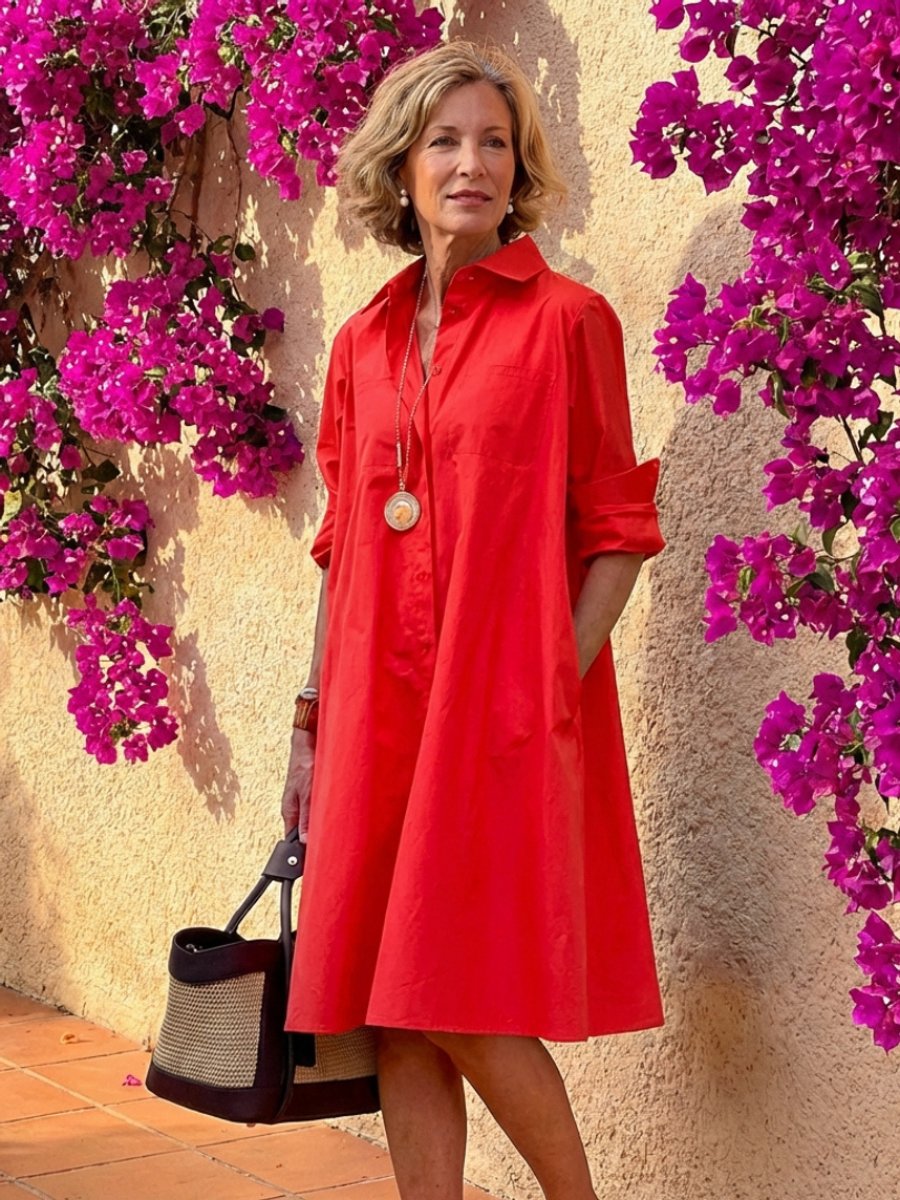 Amelia | Women's Midi Shirt Dress Button-Front Collared Long Sleeve