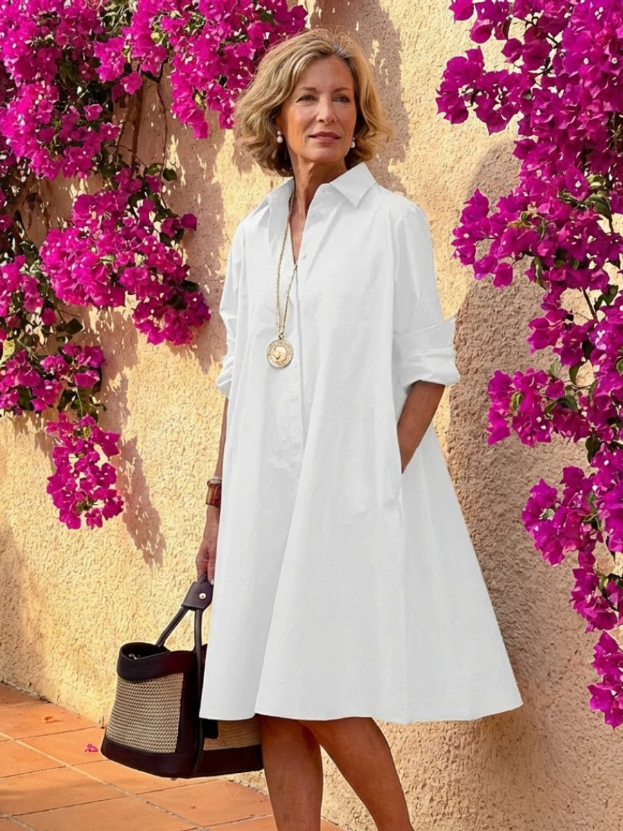 Amelia | Women's Midi Shirt Dress Button-Front Collared Long Sleeve