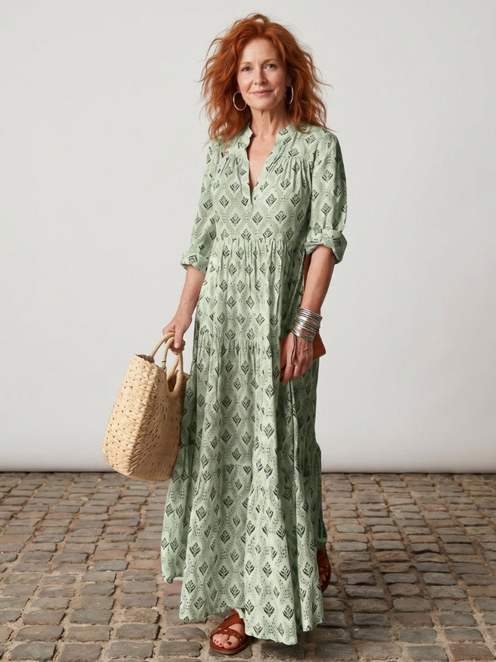 Florence | Women's Printed Maxi Dress Long Sleeve Notch Neck Tiered Skirt