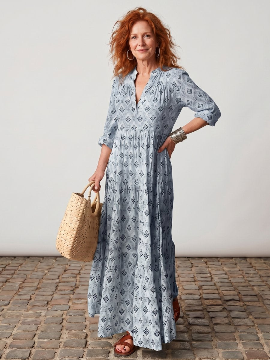 Florence | Women's Printed Maxi Dress Long Sleeve Notch Neck Tiered Skirt