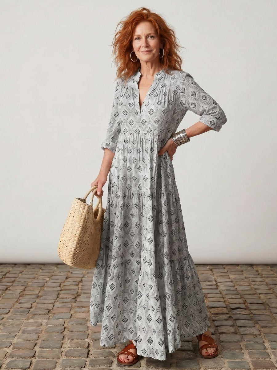 Florence | Women's Printed Maxi Dress Long Sleeve Notch Neck Tiered Skirt