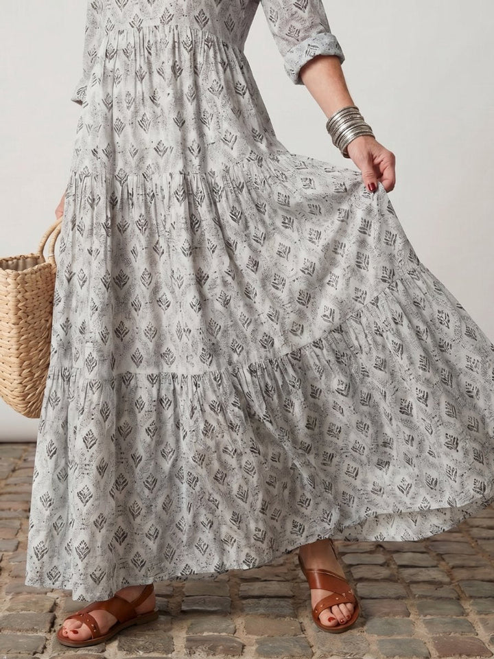 Florence | Women's Printed Maxi Dress Long Sleeve Notch Neck Tiered Skirt