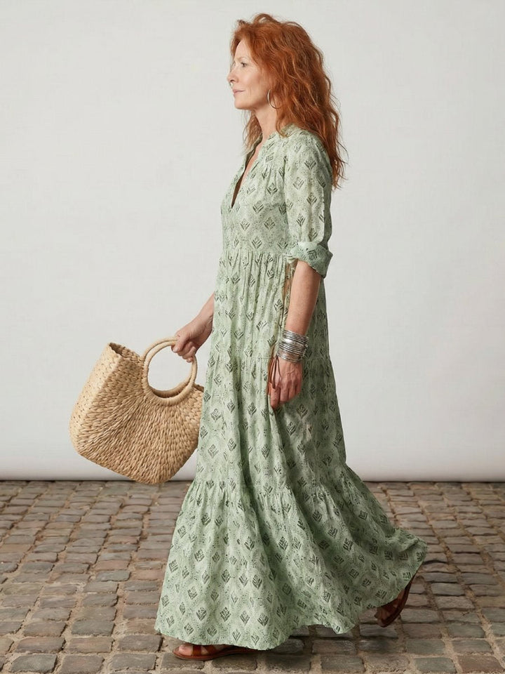 Florence | Women's Printed Maxi Dress Long Sleeve Notch Neck Tiered Skirt