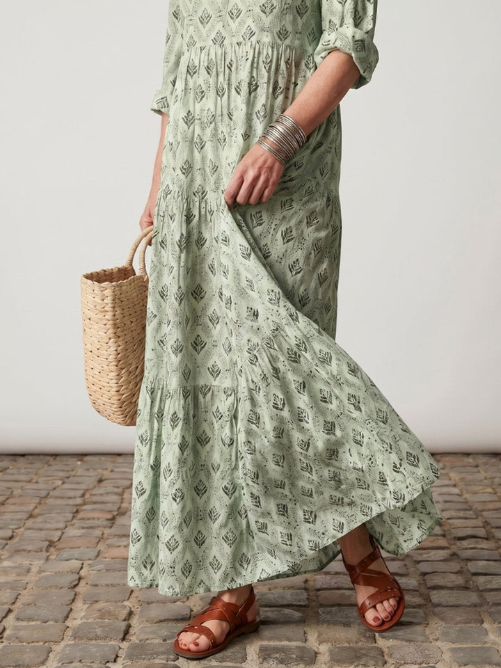 Florence | Women's Printed Maxi Dress Long Sleeve Notch Neck Tiered Skirt