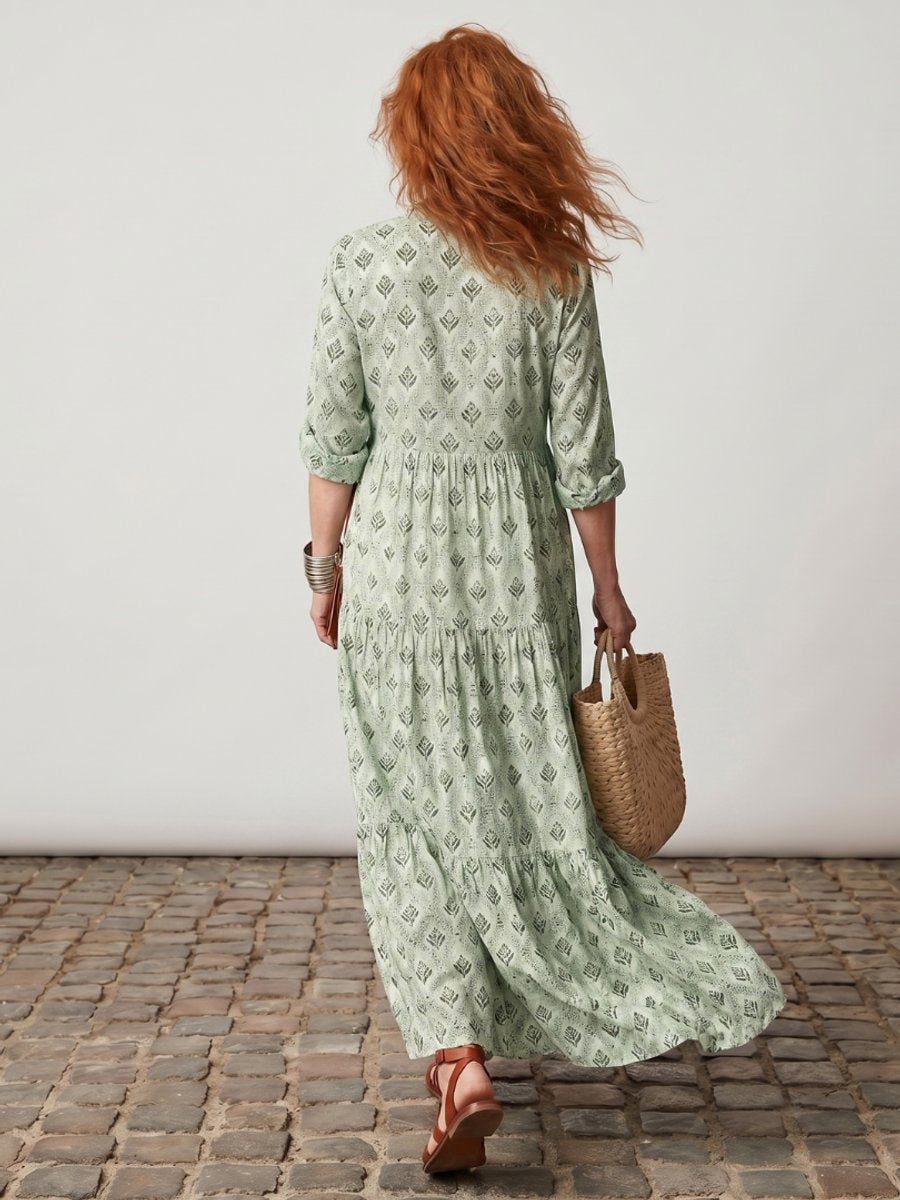 Florence | Women's Printed Maxi Dress Long Sleeve Notch Neck Tiered Skirt