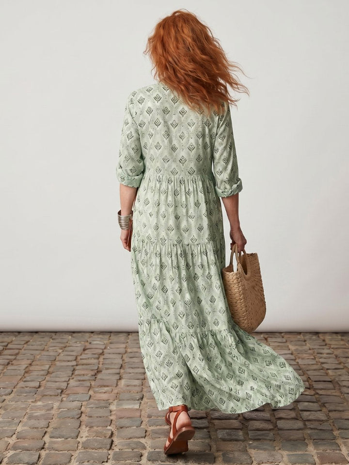 Florence | Women's Printed Maxi Dress Long Sleeve Notch Neck Tiered Skirt