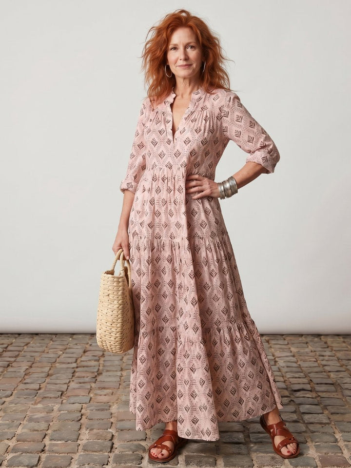 Florence | Women's Printed Maxi Dress Long Sleeve Notch Neck Tiered Skirt