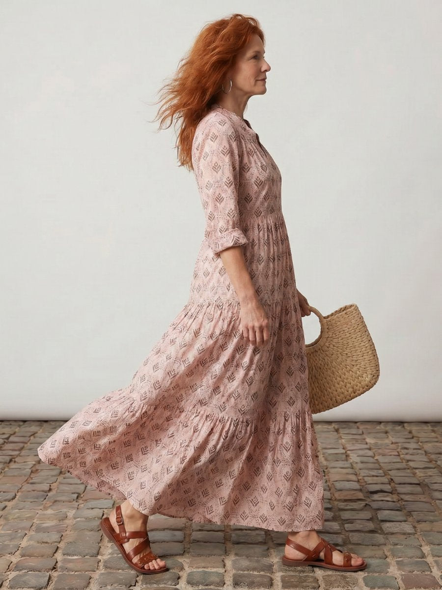 Florence | Women's Printed Maxi Dress Long Sleeve Notch Neck Tiered Skirt