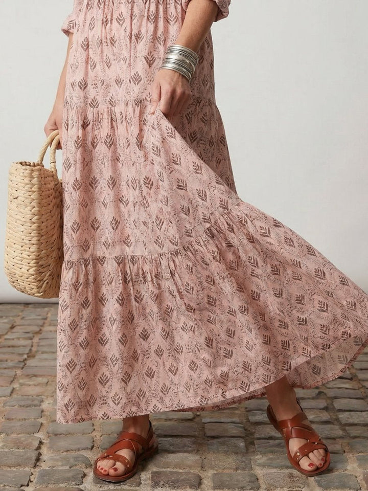 Florence | Women's Printed Maxi Dress Long Sleeve Notch Neck Tiered Skirt