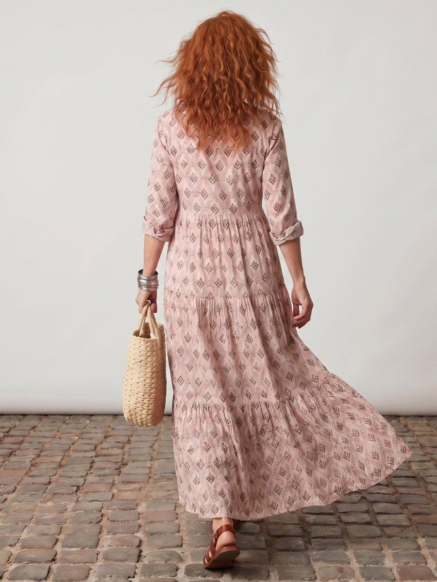Florence | Women's Printed Maxi Dress Long Sleeve Notch Neck Tiered Skirt
