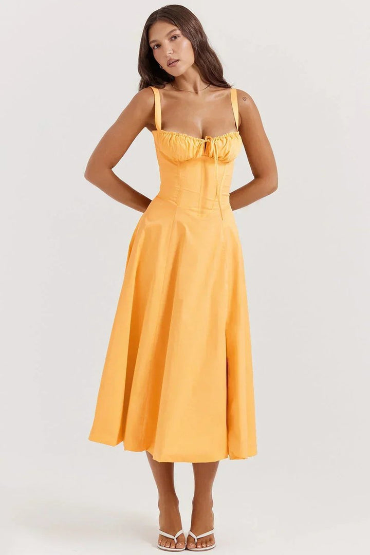 Phoebe | Women's Ruched Corset Midi Dress A-Line Adjustable Bust