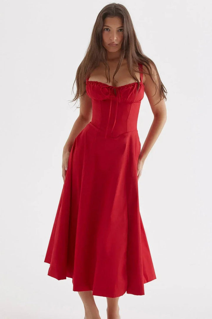 Phoebe | Women's Ruched Corset Midi Dress A-Line Adjustable Bust