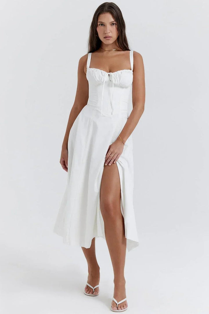 Phoebe | Women's Ruched Corset Midi Dress A-Line Adjustable Bust