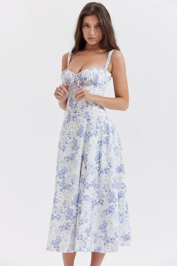 Phoebe | Women's Ruched Corset Midi Dress A-Line Adjustable Bust