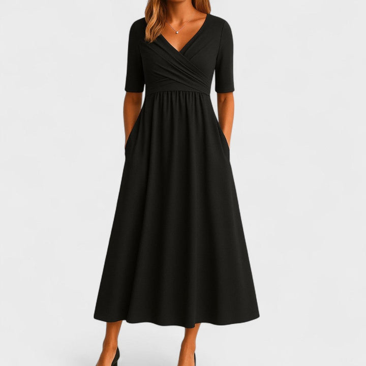 Ava | Women's Empire-Waist Midi Dress Crossover V-Neck Side Pockets