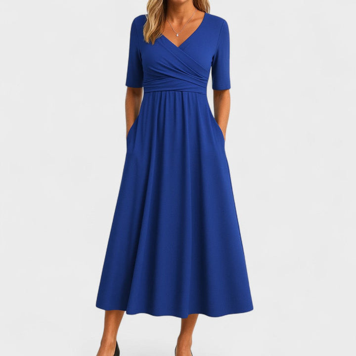 Ava | Women's Empire-Waist Midi Dress Crossover V-Neck Side Pockets