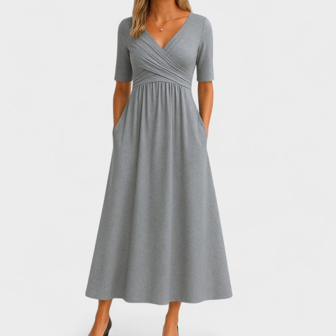 Ava | Women's Empire-Waist Midi Dress Crossover V-Neck Side Pockets