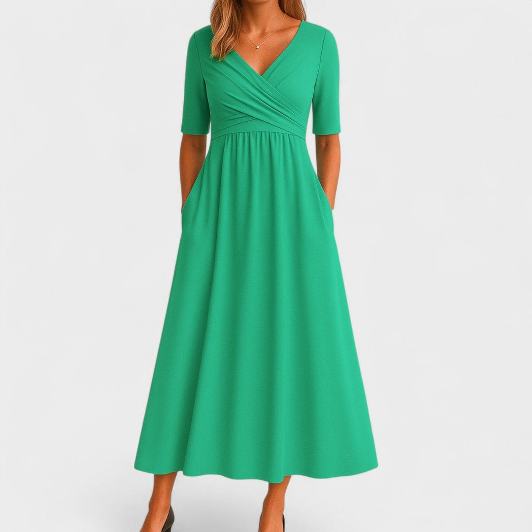 Ava | Women's Empire-Waist Midi Dress Crossover V-Neck Side Pockets