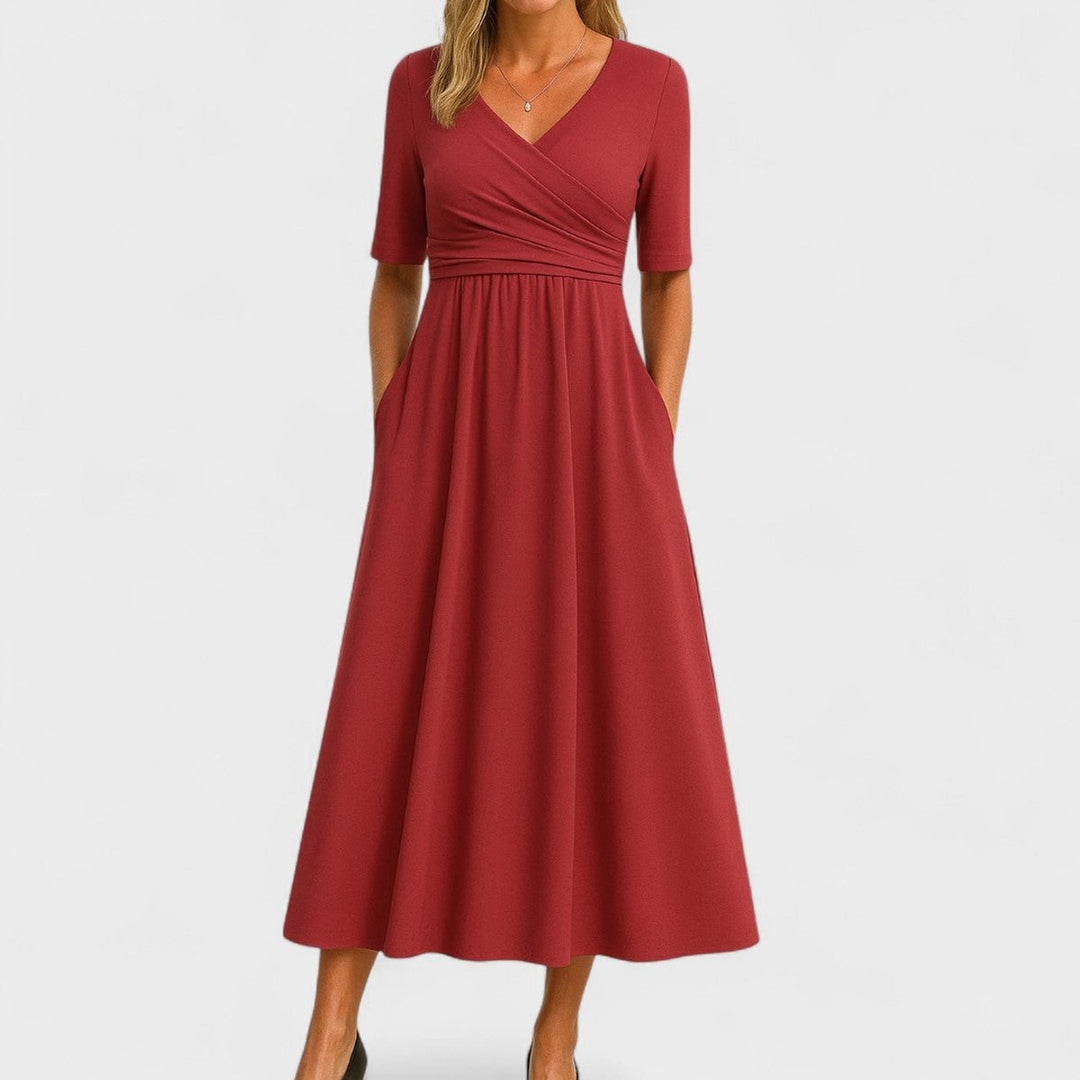 Ava | Women's Empire-Waist Midi Dress Crossover V-Neck Side Pockets