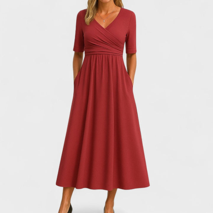 Ava | Women's Empire-Waist Midi Dress Crossover V-Neck Side Pockets