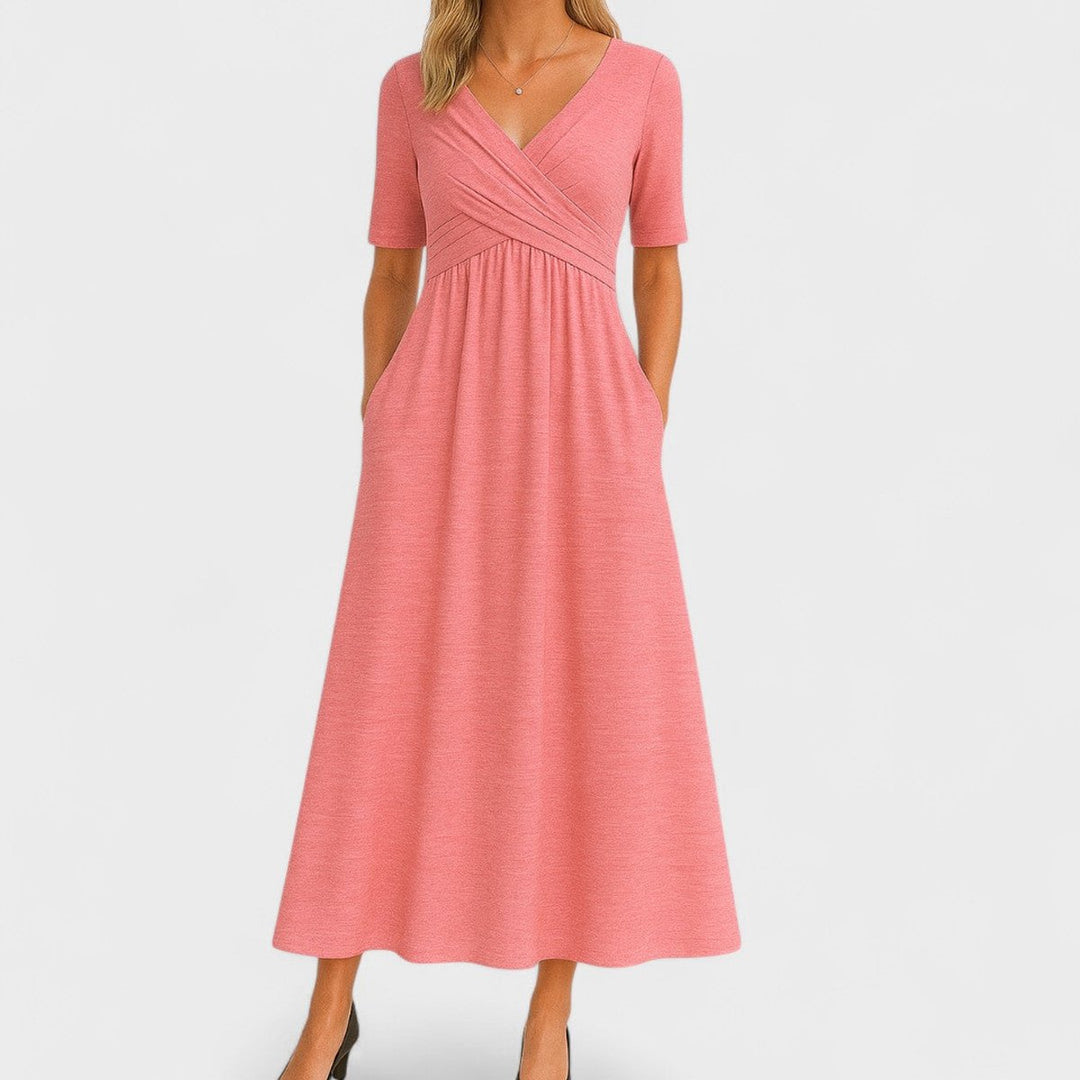 Ava | Women's Empire-Waist Midi Dress Crossover V-Neck Side Pockets
