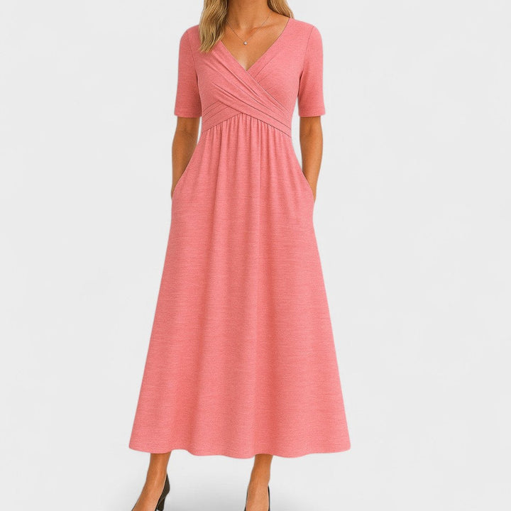 Ava | Women's Empire-Waist Midi Dress Crossover V-Neck Side Pockets