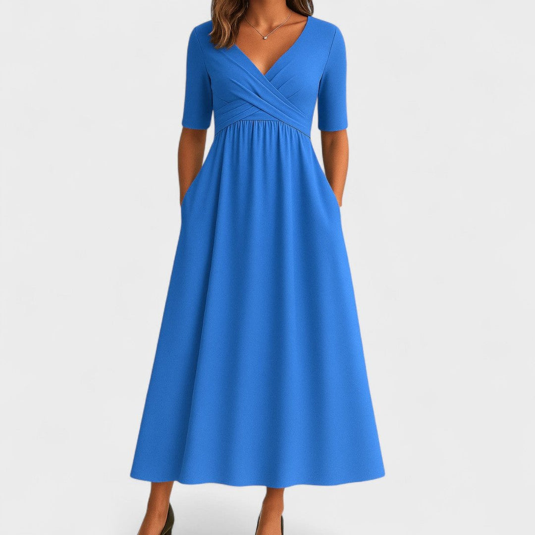 Ava | Women's Empire-Waist Midi Dress Crossover V-Neck Side Pockets