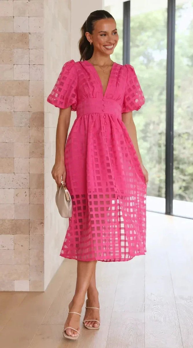 Willow | Women's Openwork Midi Dress V-Neck Puff Sleeve Empire Waist