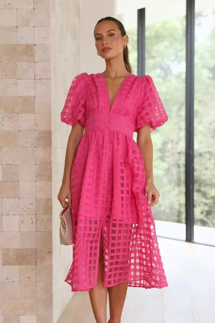 Willow | Women's Openwork Midi Dress V-Neck Puff Sleeve Empire Waist