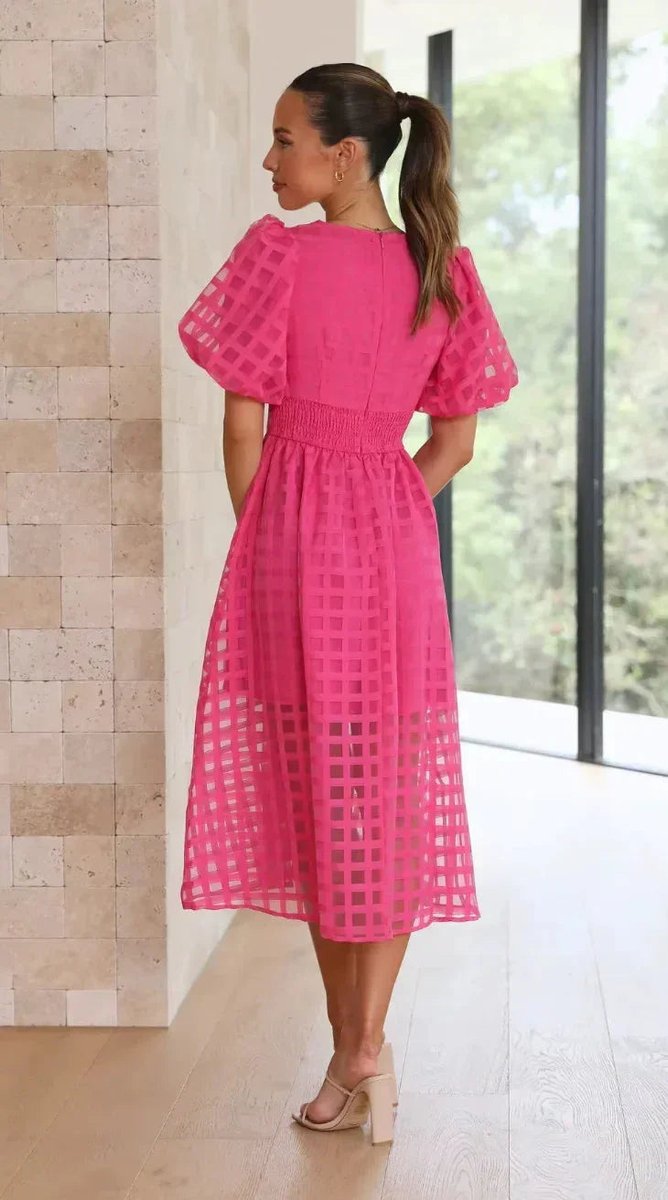 Willow | Women's Openwork Midi Dress V-Neck Puff Sleeve Empire Waist