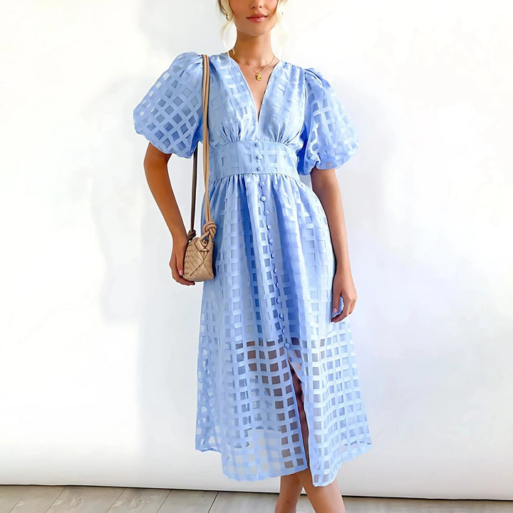 Willow | Women's Openwork Midi Dress V-Neck Puff Sleeve Empire Waist