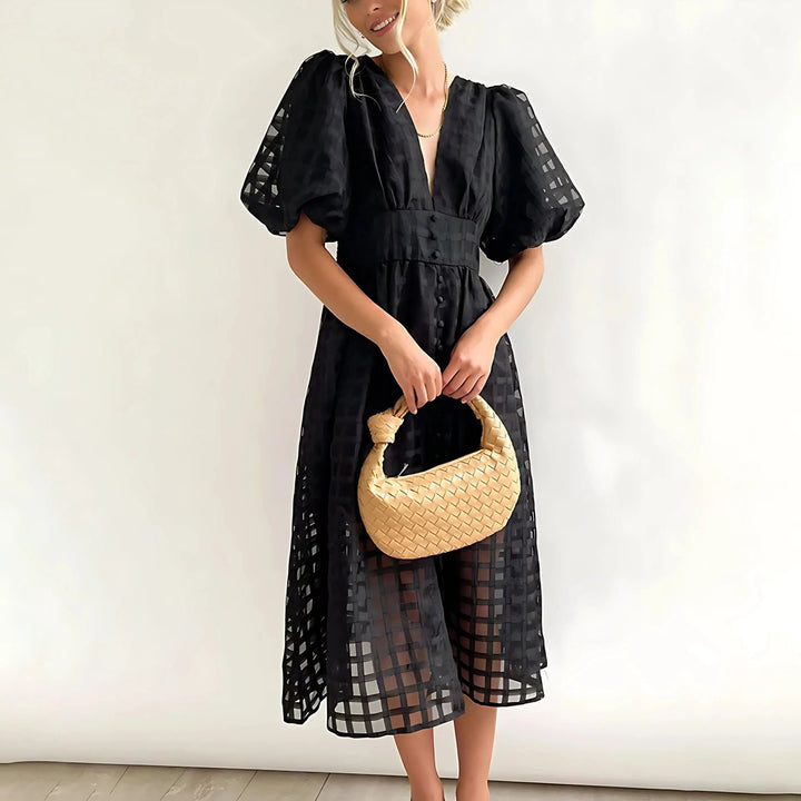 Willow | Women's Openwork Midi Dress V-Neck Puff Sleeve Empire Waist