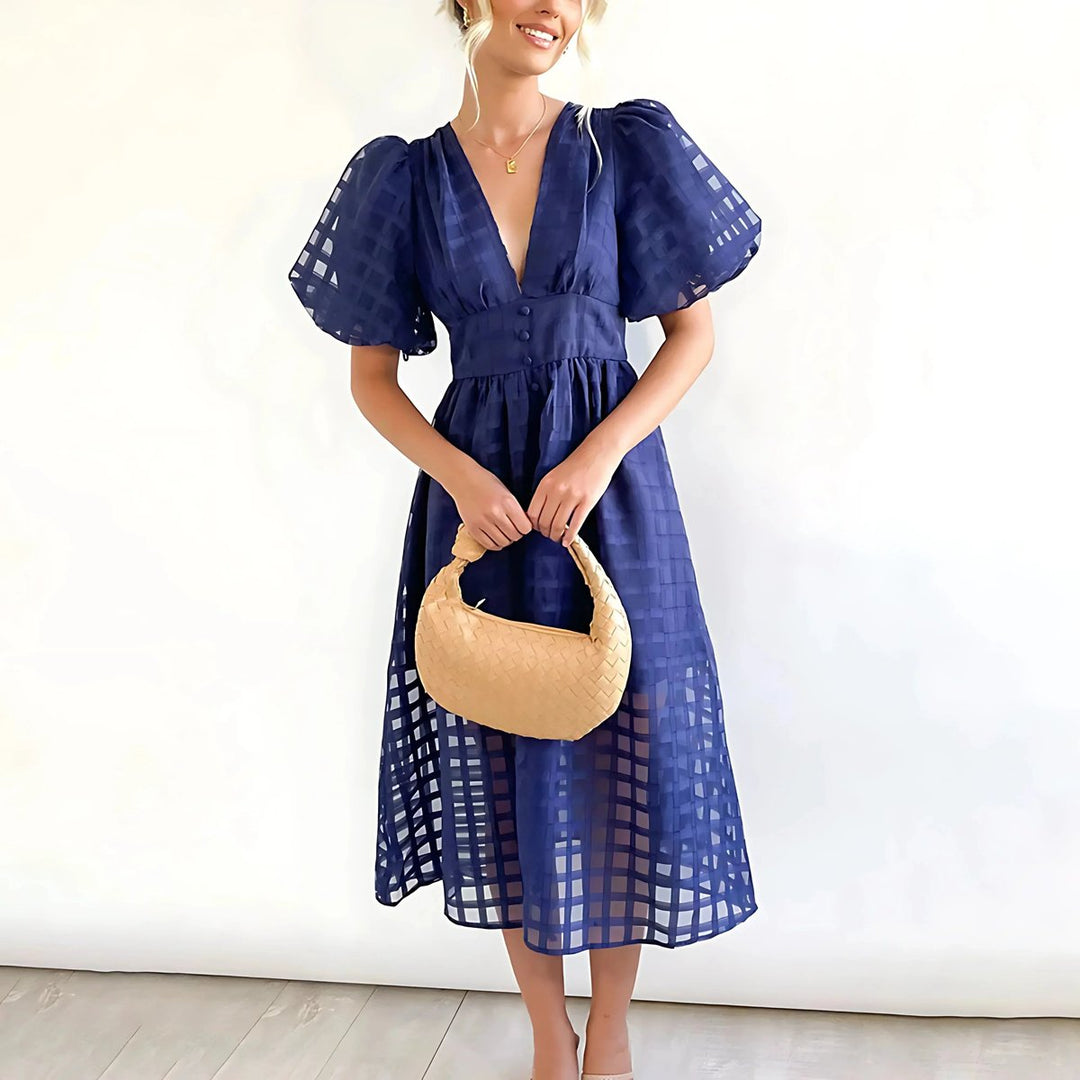 Willow | Women's Openwork Midi Dress V-Neck Puff Sleeve Empire Waist