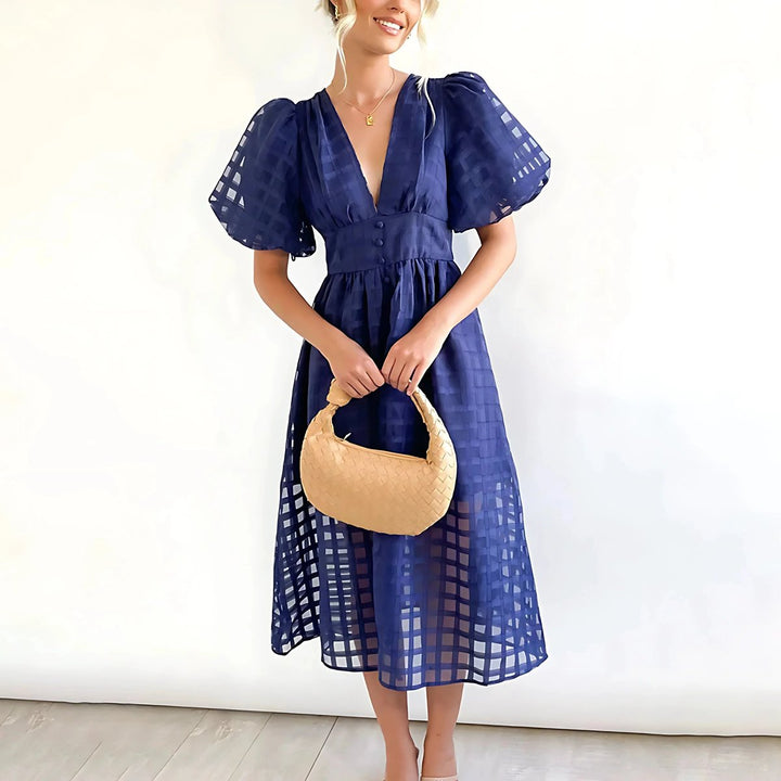 Willow | Women's Openwork Midi Dress V-Neck Puff Sleeve Empire Waist