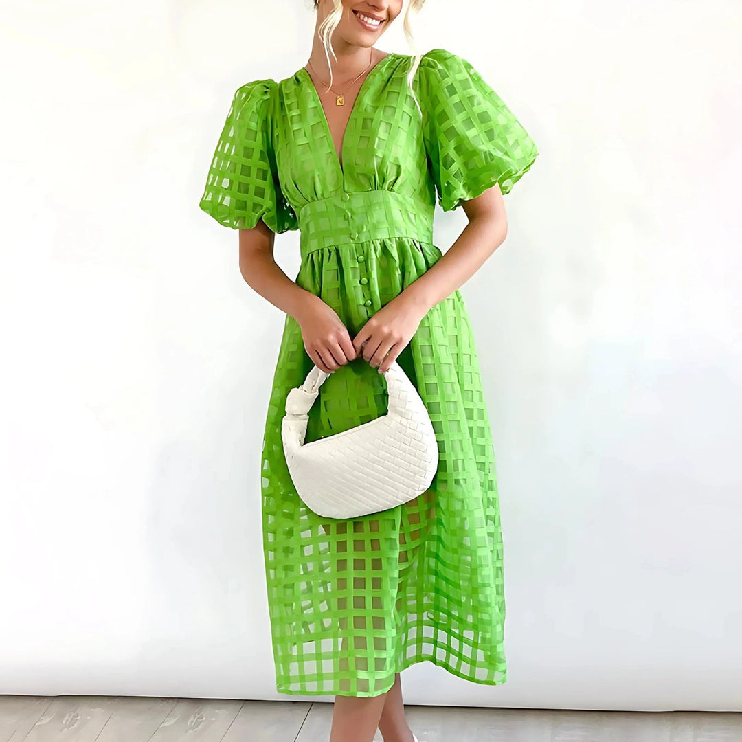 Willow | Women's Openwork Midi Dress V-Neck Puff Sleeve Empire Waist