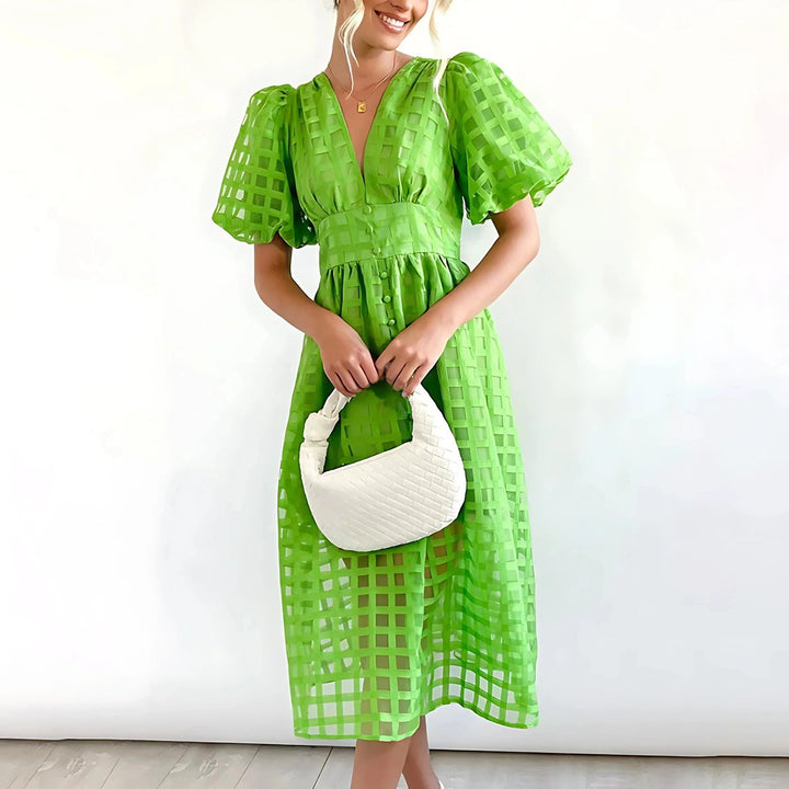 Willow | Women's Openwork Midi Dress V-Neck Puff Sleeve Empire Waist