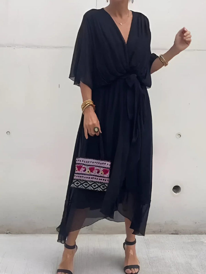 Ella | Women's Wrap Midi Dress V-Neck Tie Belt Flutter Sleeve