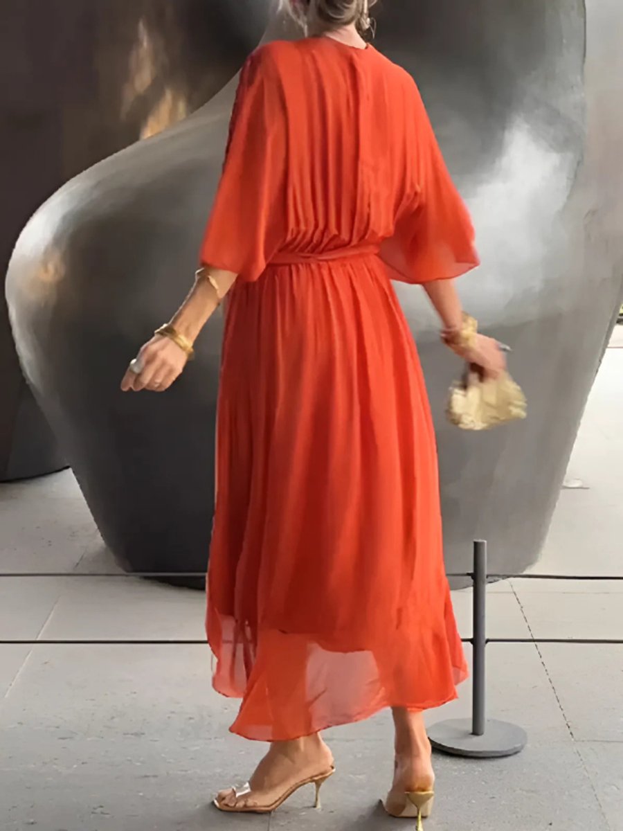 Ella | Women's Wrap Midi Dress V-Neck Tie Belt Flutter Sleeve