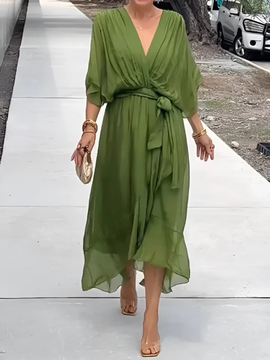 Ella | Women's Wrap Midi Dress V-Neck Tie Belt Flutter Sleeve