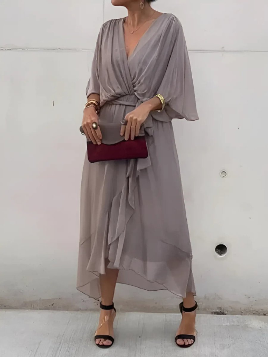 Ella | Women's Wrap Midi Dress V-Neck Tie Belt Flutter Sleeve