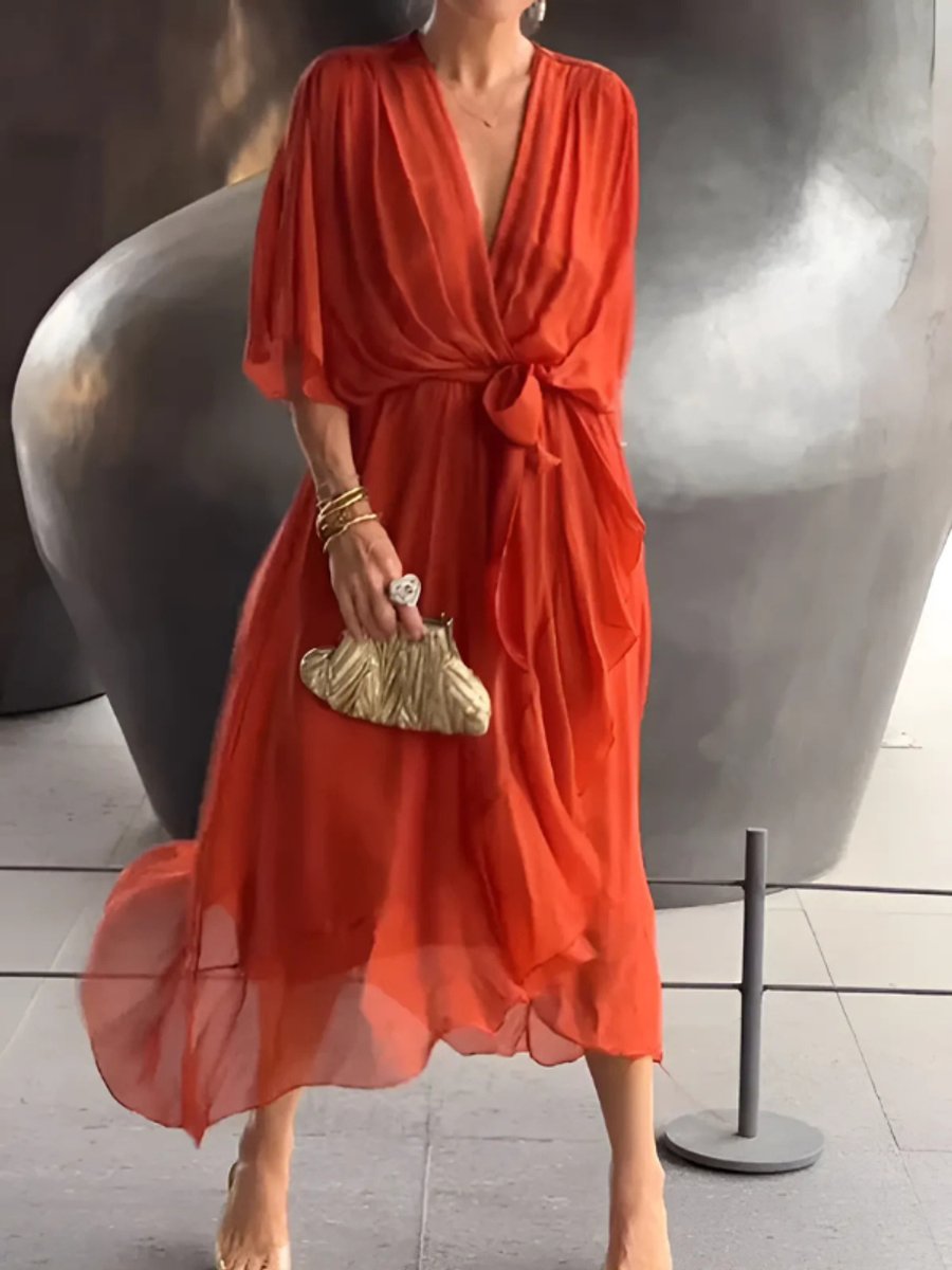 Ella | Women's Wrap Midi Dress V-Neck Tie Belt Flutter Sleeve