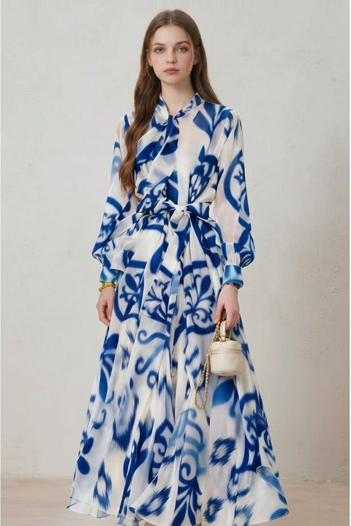 Amelia | Women's Floral Print Maxi Dress Long Sleeve Self-Tie Belt