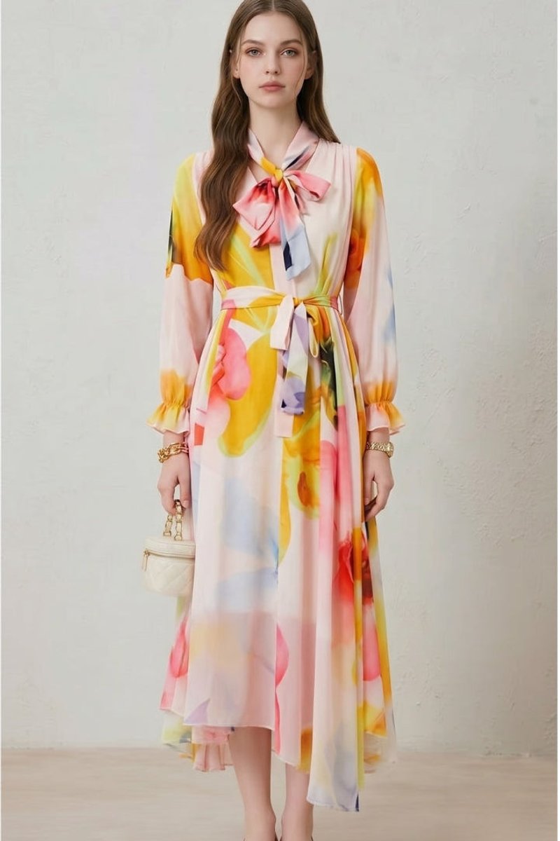 Amelia | Women's Floral Print Maxi Dress Long Sleeve Self-Tie Belt