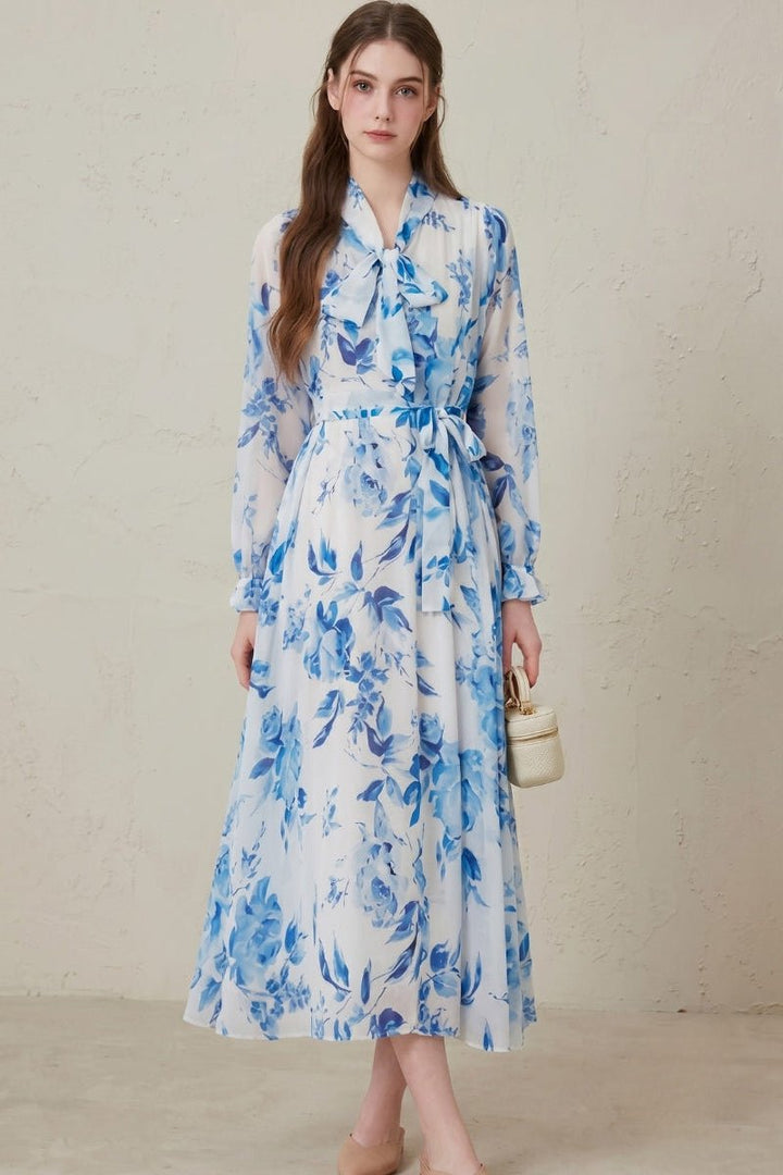 Amelia | Women's Floral Print Maxi Dress Long Sleeve Self-Tie Belt
