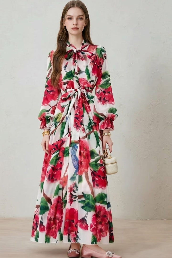 Amelia | Women's Floral Print Maxi Dress Long Sleeve Self-Tie Belt