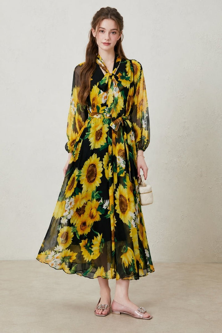 Amelia | Women's Floral Print Maxi Dress Long Sleeve Self-Tie Belt
