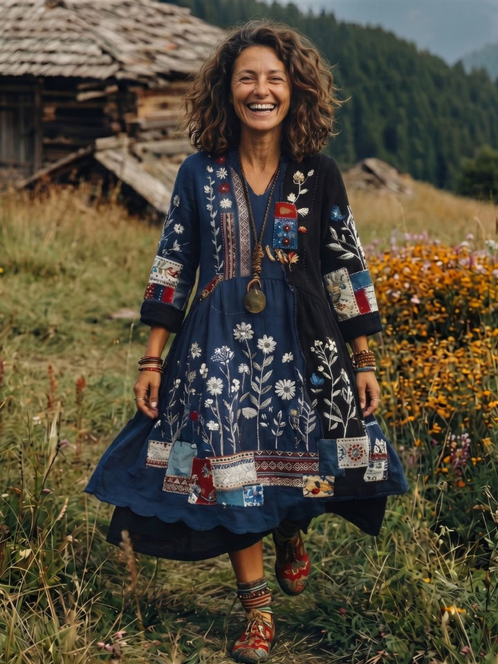 Amelia | Women's Embroidered Patchwork Midi Dress Long Sleeve Relaxed